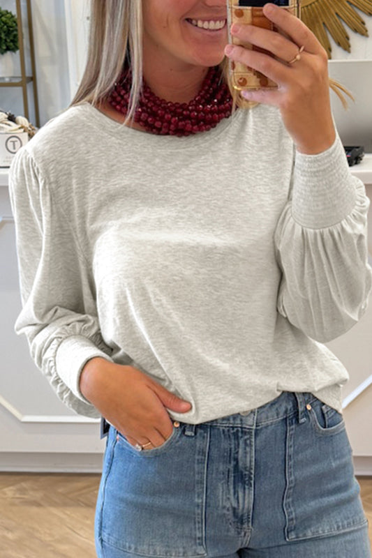 Oatmeal Shirred Cuffs Puff Sleeve Peasant Top-Tops/Long Sleeve Tops-[Adult]-[Female]-Oatmeal-S-2022 Online Blue Zone Planet