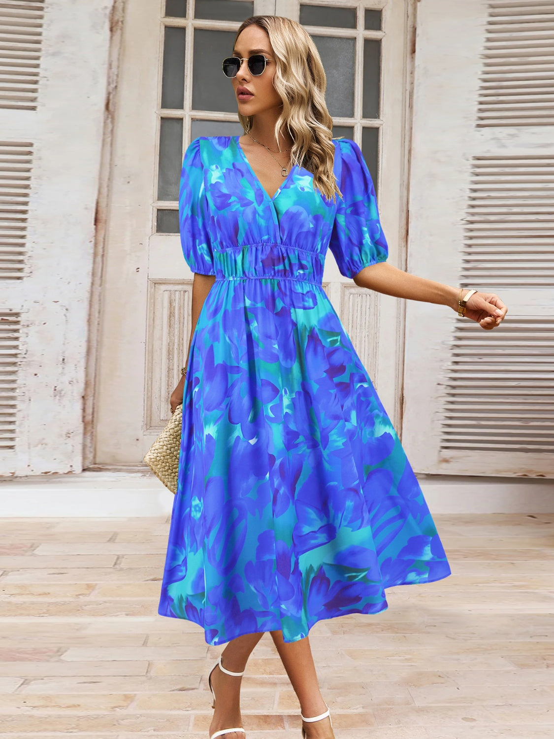 Ruched Printed Surplice Short Sleeve Dress-TOPS / DRESSES-[Adult]-[Female]-Royal Blue-S-2022 Online Blue Zone Planet