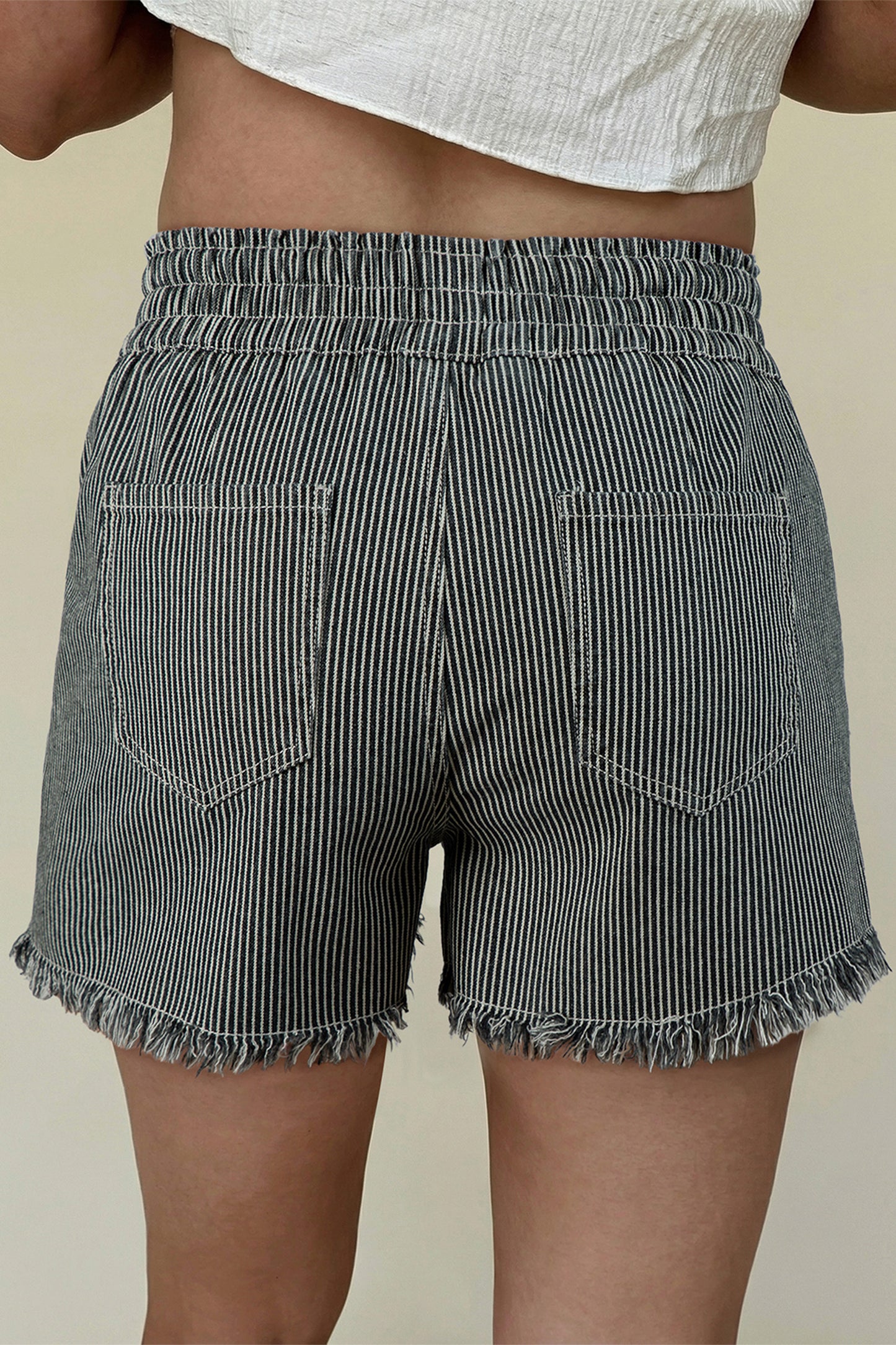 Black Stripe Raw Edge Drawstring Elastic Waist Casual Denim Shorts-Bottoms/Denim Shorts-[Adult]-[Female]-2022 Online Blue Zone Planet