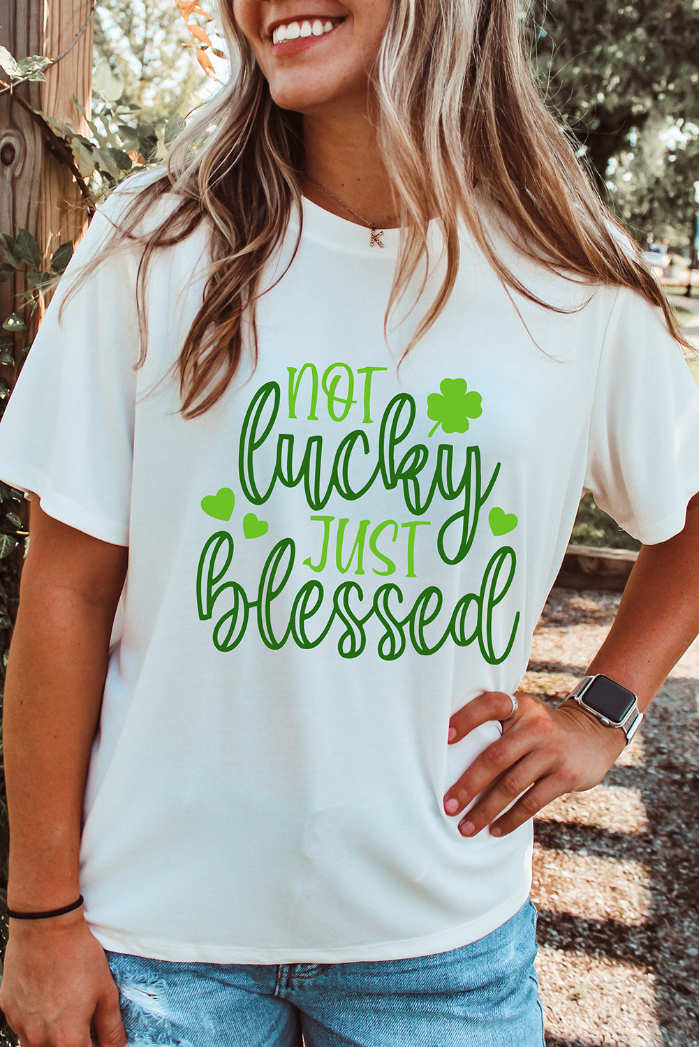 White St Patricks Not Luck Just Blessed Graphic T-shirt-Graphic/Graphic Tees-[Adult]-[Female]-White-S-2022 Online Blue Zone Planet