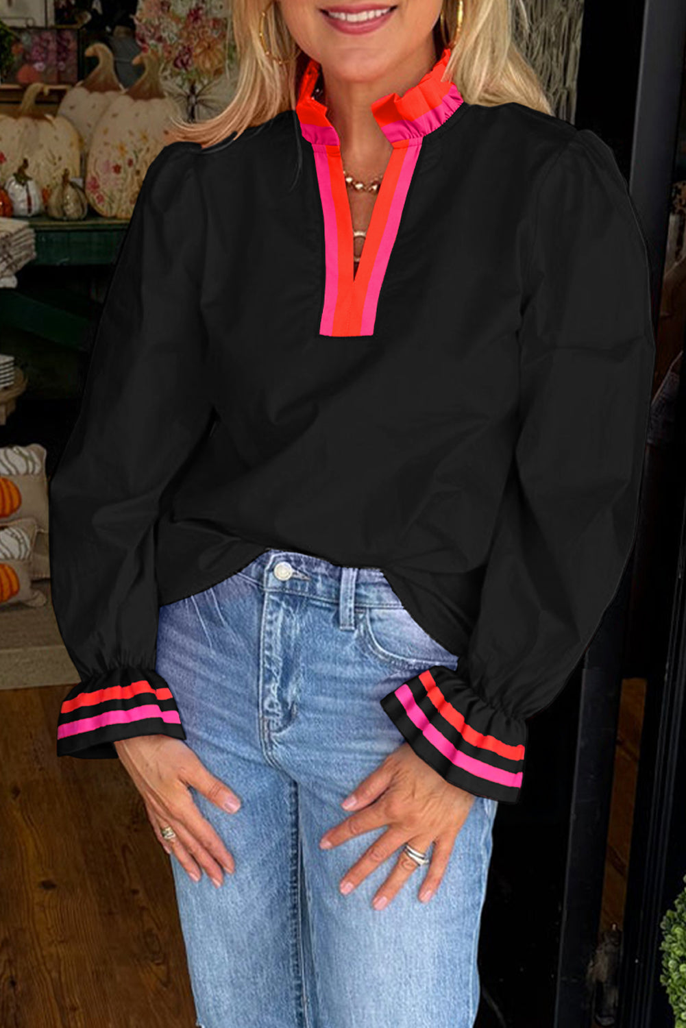 Black Striped Trim Ruffle Split Neck Long Sleeve Blouse-Tops/Blouses & Shirts-[Adult]-[Female]-Black-S-2022 Online Blue Zone Planet