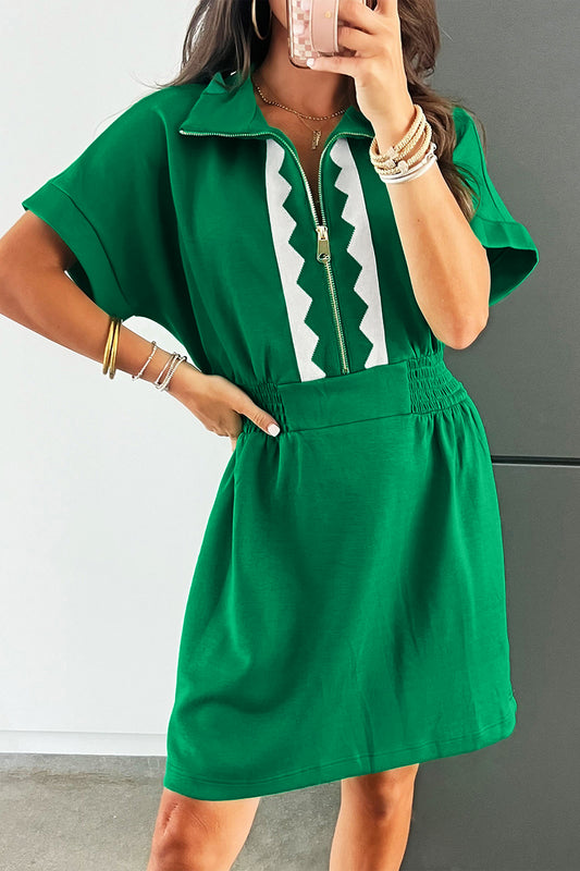 Bright Green Contrast Patchwork Half Zip Elastic Waist Short Sleeve Mini Dress-Dresses/Mini Dresses-[Adult]-[Female]-Bright Green-S-2022 Online Blue Zone Planet