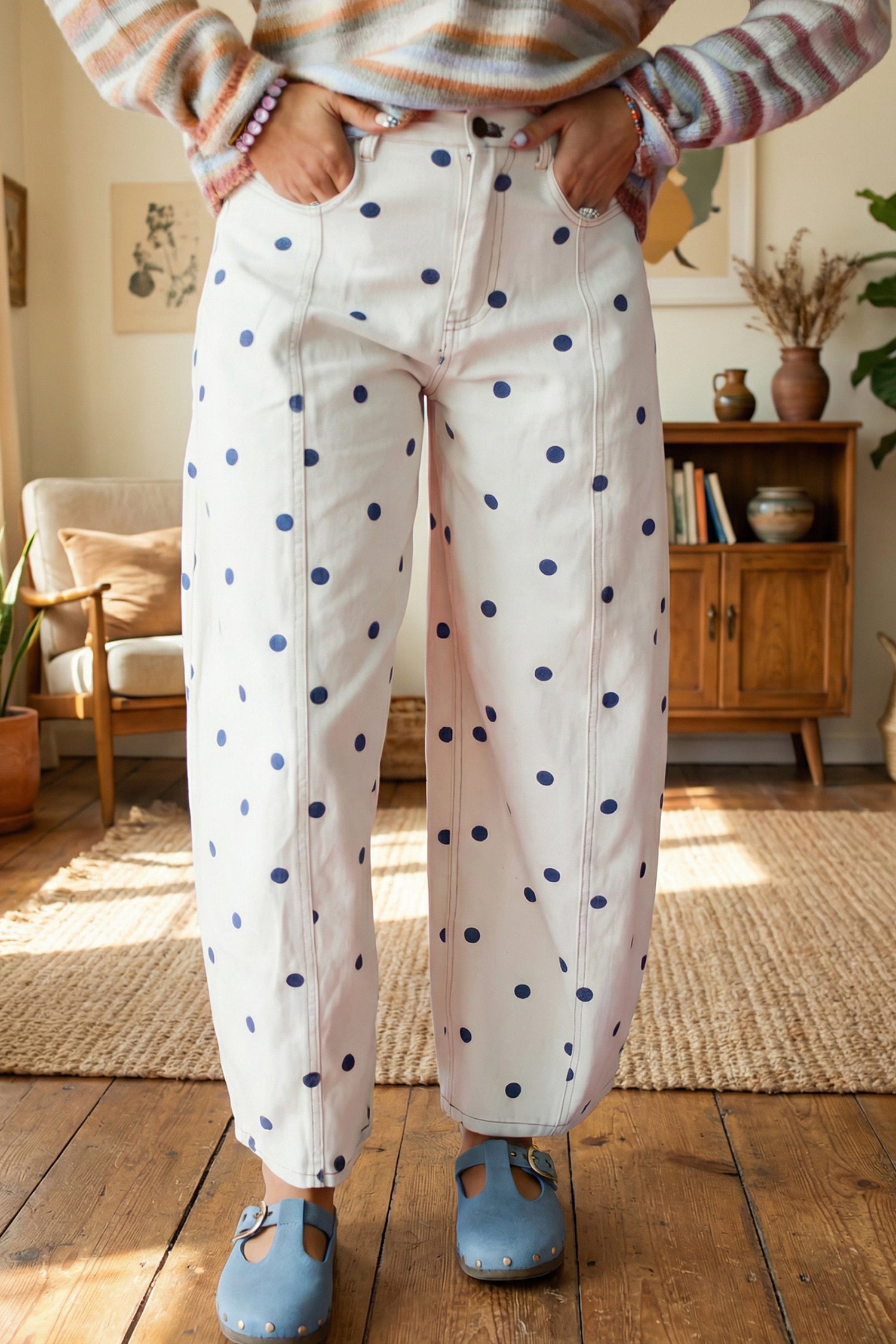 Pink Polka Dot Print Seam Detail Barrel Jeans-Bottoms/Jeans-[Adult]-[Female]-2022 Online Blue Zone Planet