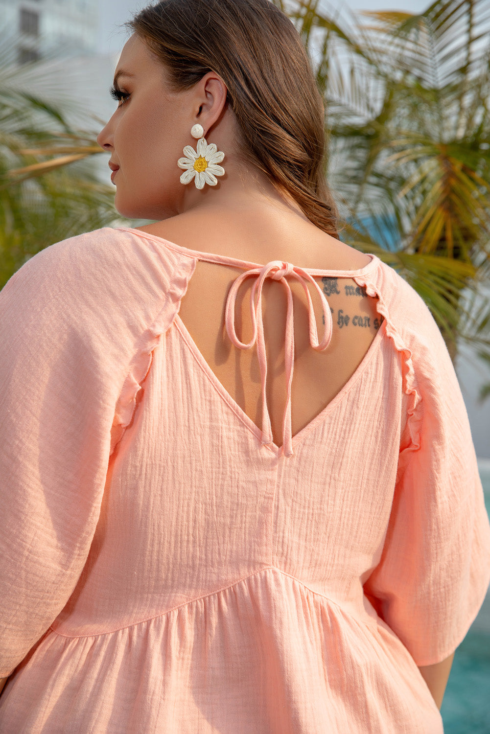 Apricot Pink Plus Size Textured Wide Short Sleeve Babydoll Blouse-Plus Size/Plus Size Tops/Plus Size Blouses & Shirts-[Adult]-[Female]-2022 Online Blue Zone Planet