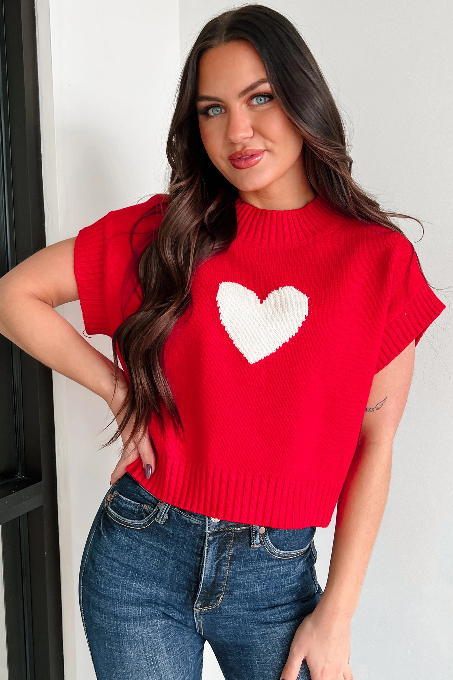 Fiery Red Valentine Heart Graphic Cropped Short Sleeve Sweater-Sweaters & Cardigans/Short Sleeve Sweaters-[Adult]-[Female]-2022 Online Blue Zone Planet