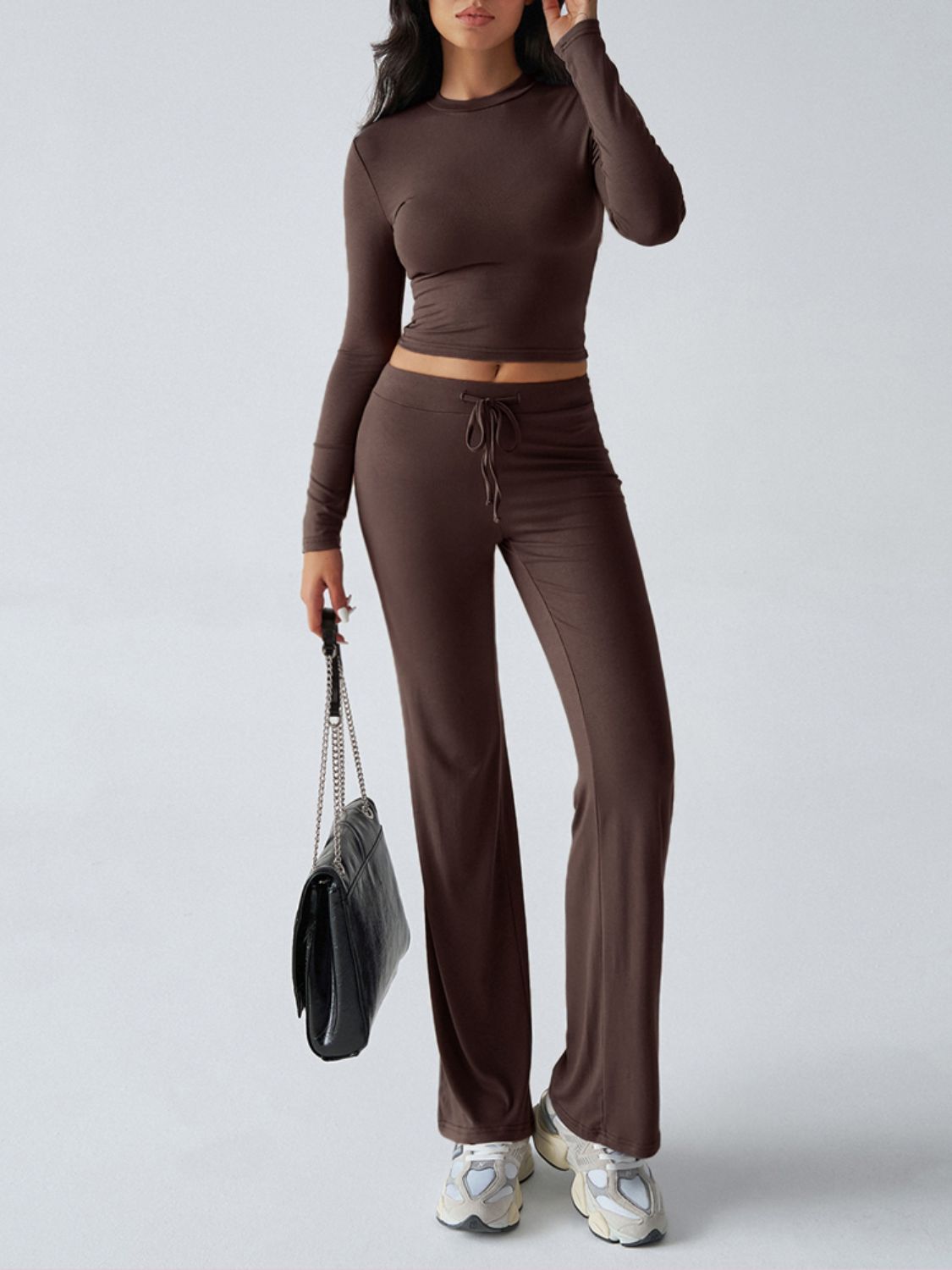 Blue Zone Planet | Devine Round Neck Long Sleeve Top and Drawstring Pants Set-TOPS / DRESSES-[Adult]-[Female]-Dark Brown-S-2022 Online Blue Zone Planet