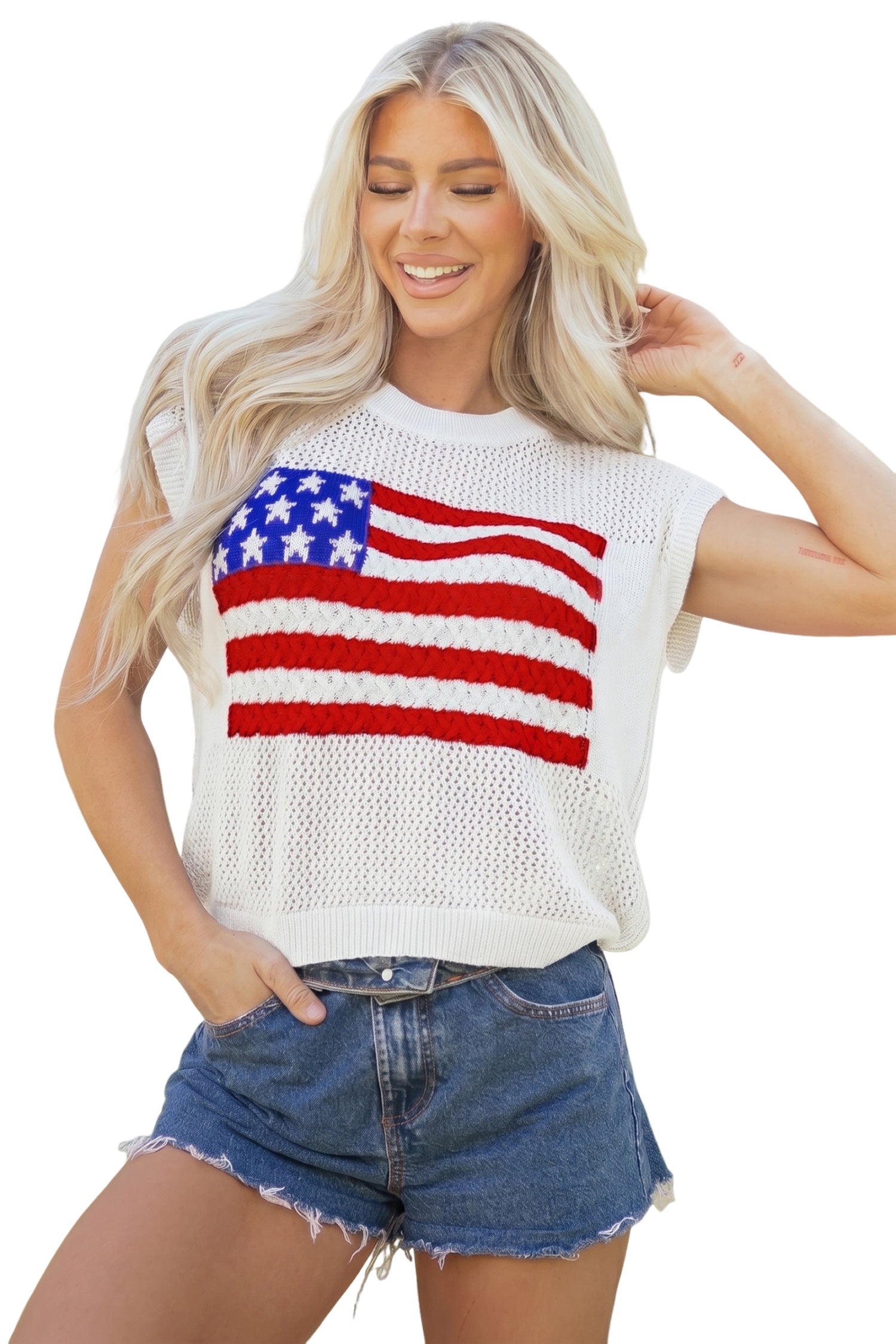 Sky Blue Flag Graphic Short Sleeve Sweater Top-TOPS / DRESSES-[Adult]-[Female]-2022 Online Blue Zone Planet
