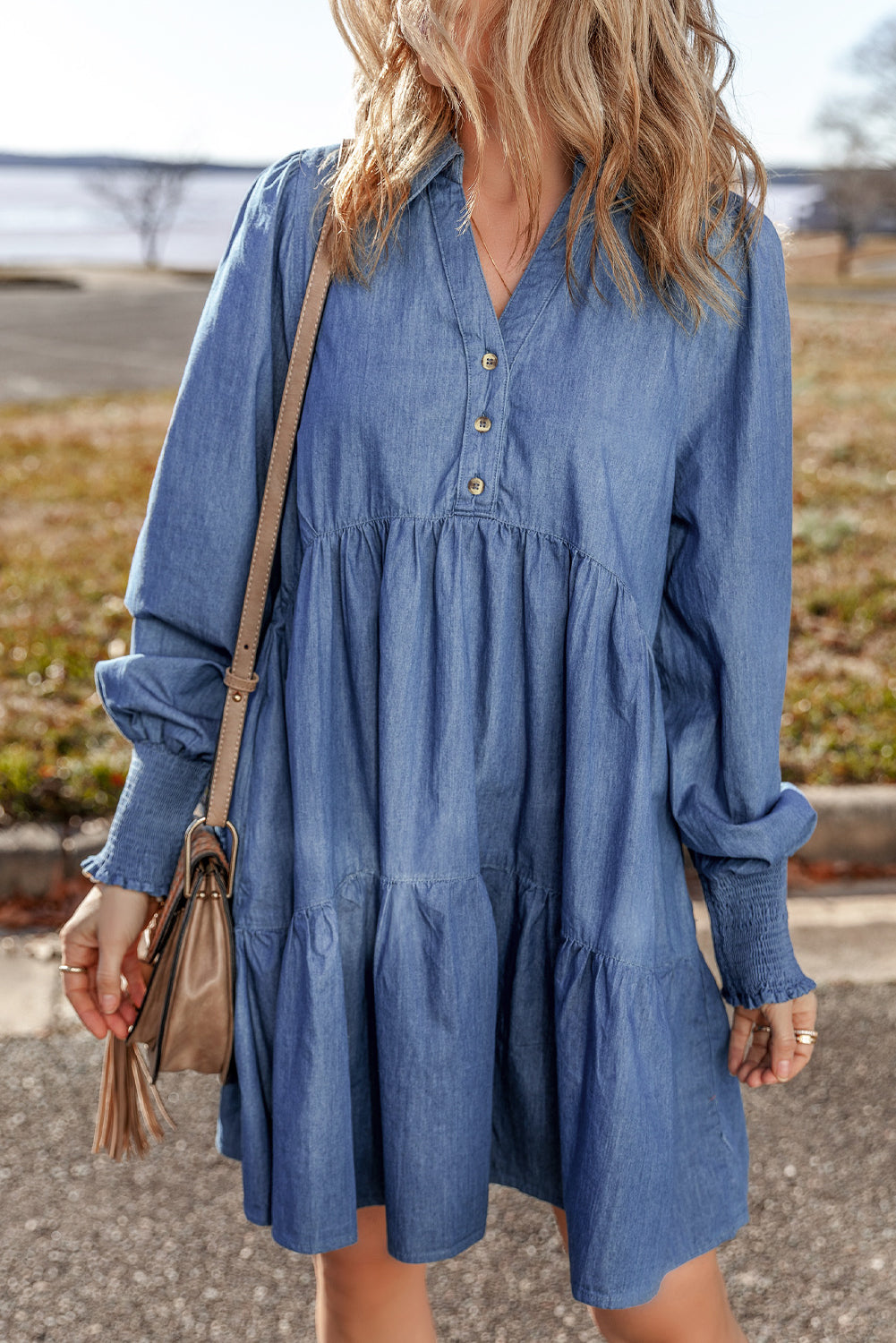 Dusk Blue Smocked Cuff Buttoned Tiered Denim Mini Dress-Dresses/Mini Dresses-[Adult]-[Female]-2022 Online Blue Zone Planet