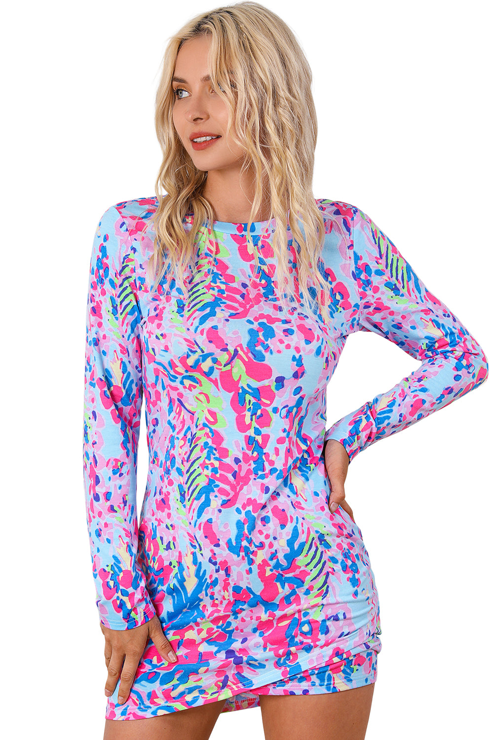 Blue Zone Planet | Sky Blue Floral Print Crossed Hem Long Sleeve Mini Dress-TOPS / DRESSES-[Adult]-[Female]-2022 Online Blue Zone Planet