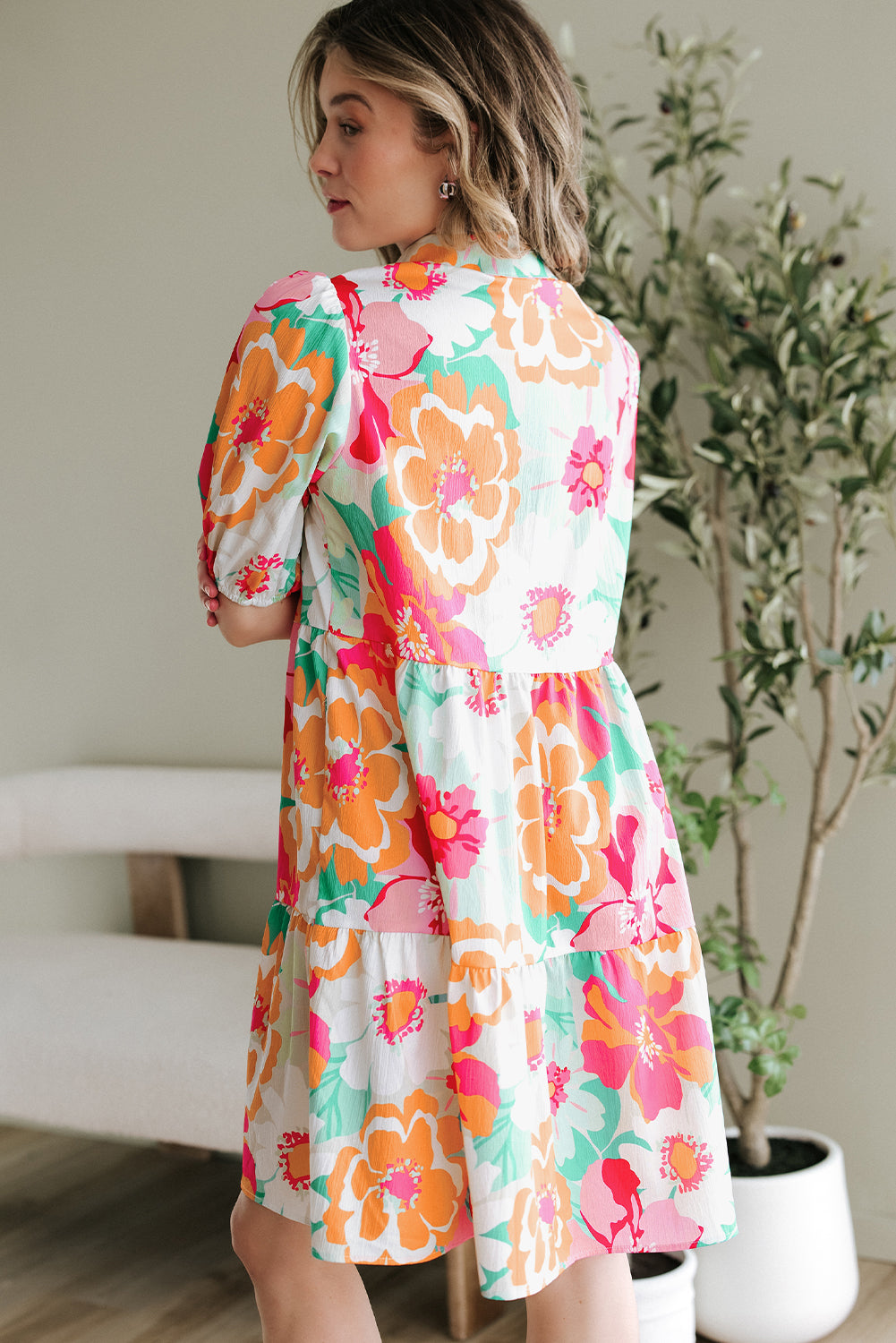 Blue Zone Planet | Green Floral Puff Sleeve Collar Buttoned Babydoll Dress-TOPS / DRESSES-[Adult]-[Female]-2022 Online Blue Zone Planet