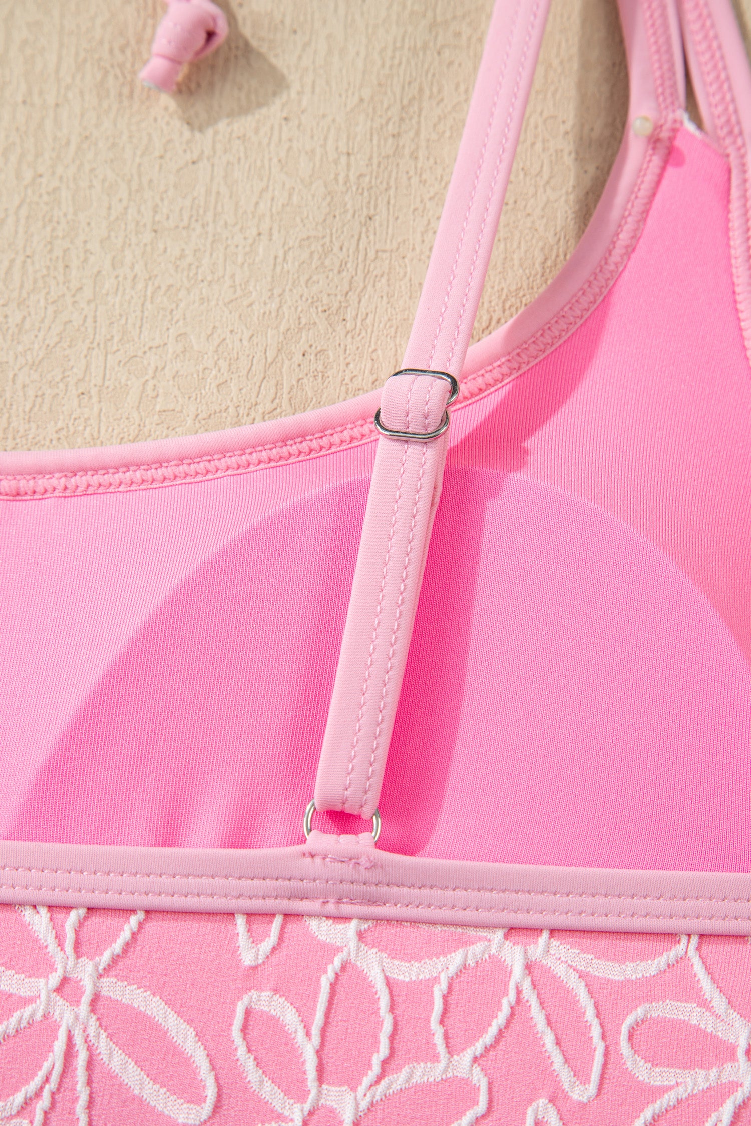 Pink Corded Flower Texture Spaghetti Straps Halterneck One Piece Swimsuit-Swimwear/One Piece Swimsuit-[Adult]-[Female]-2022 Online Blue Zone Planet