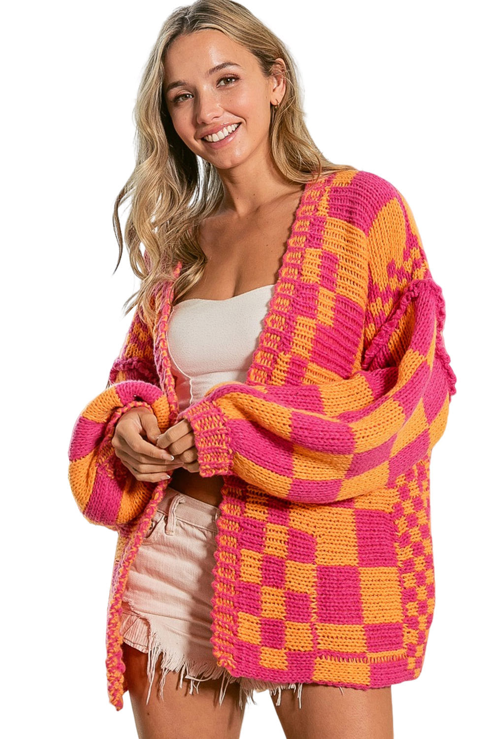 Multicolor Plaid Open Front Knitted Cardigan-Cardigans-[Adult]-[Female]-2022 Online Blue Zone Planet