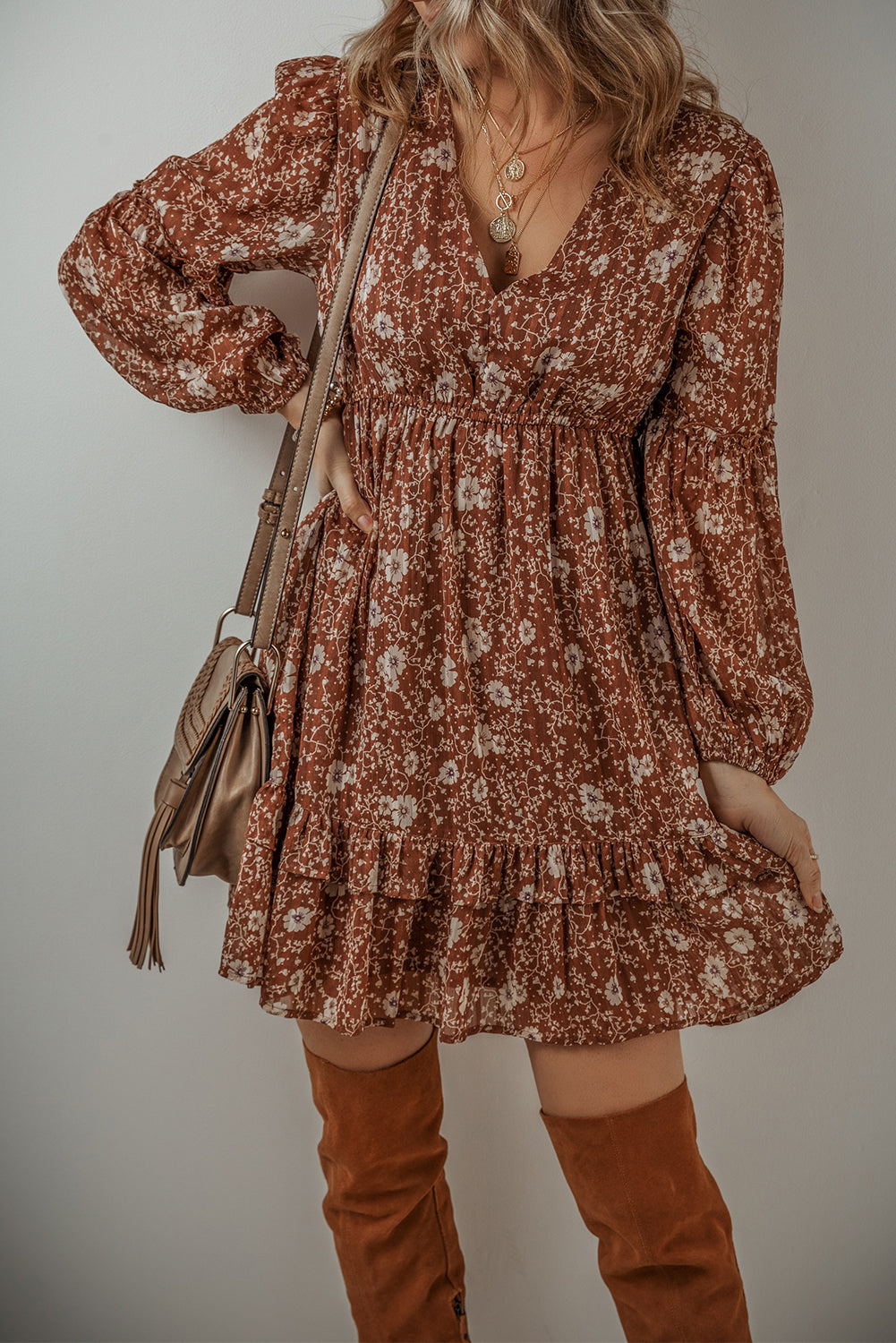 Blue Zone Planet | Brown Boho Floral Ruffled Puff Sleeve V Neck Mini Dress-TOPS / DRESSES-[Adult]-[Female]-2022 Online Blue Zone Planet