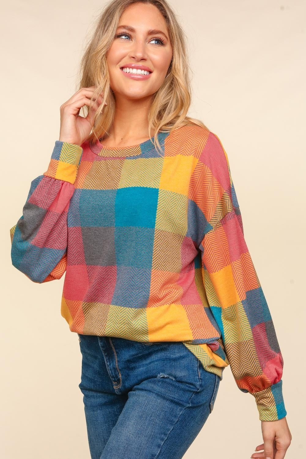 Haptics Contrast Plaid Round Neck Sweater-TOPS / DRESSES-[Adult]-[Female]-2022 Online Blue Zone Planet