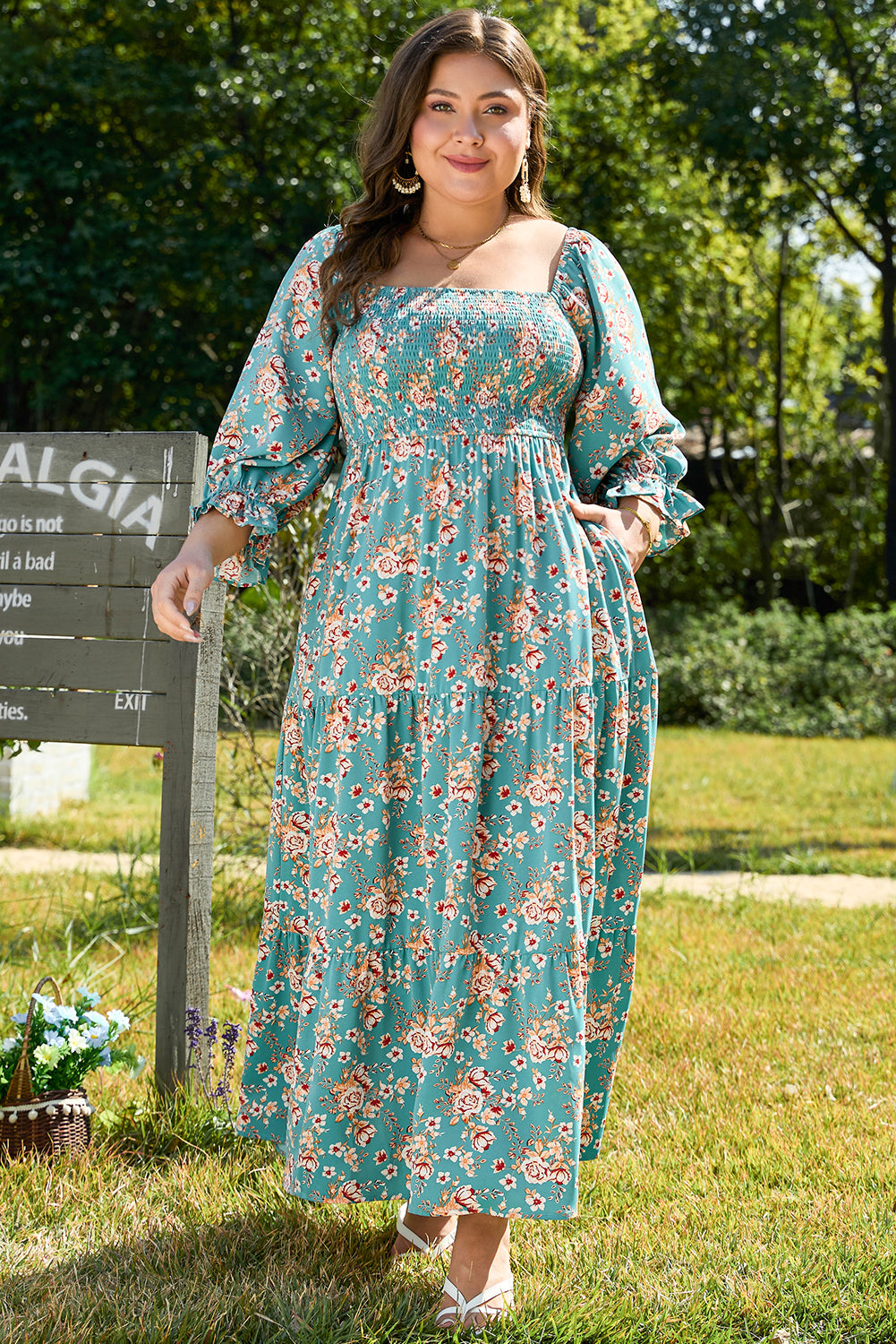 Blue Zone Planet | Green Plus Size Floral Print Square Neck Smocked Maxi Dress-TOPS / DRESSES-[Adult]-[Female]-2022 Online Blue Zone Planet