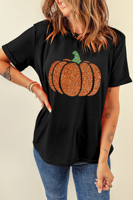 Blue Zone Planet | Glitter Pumpkin Round Neck Short Sleeve T-Shirt-TOPS / DRESSES-[Adult]-[Female]-Black-S-2022 Online Blue Zone Planet