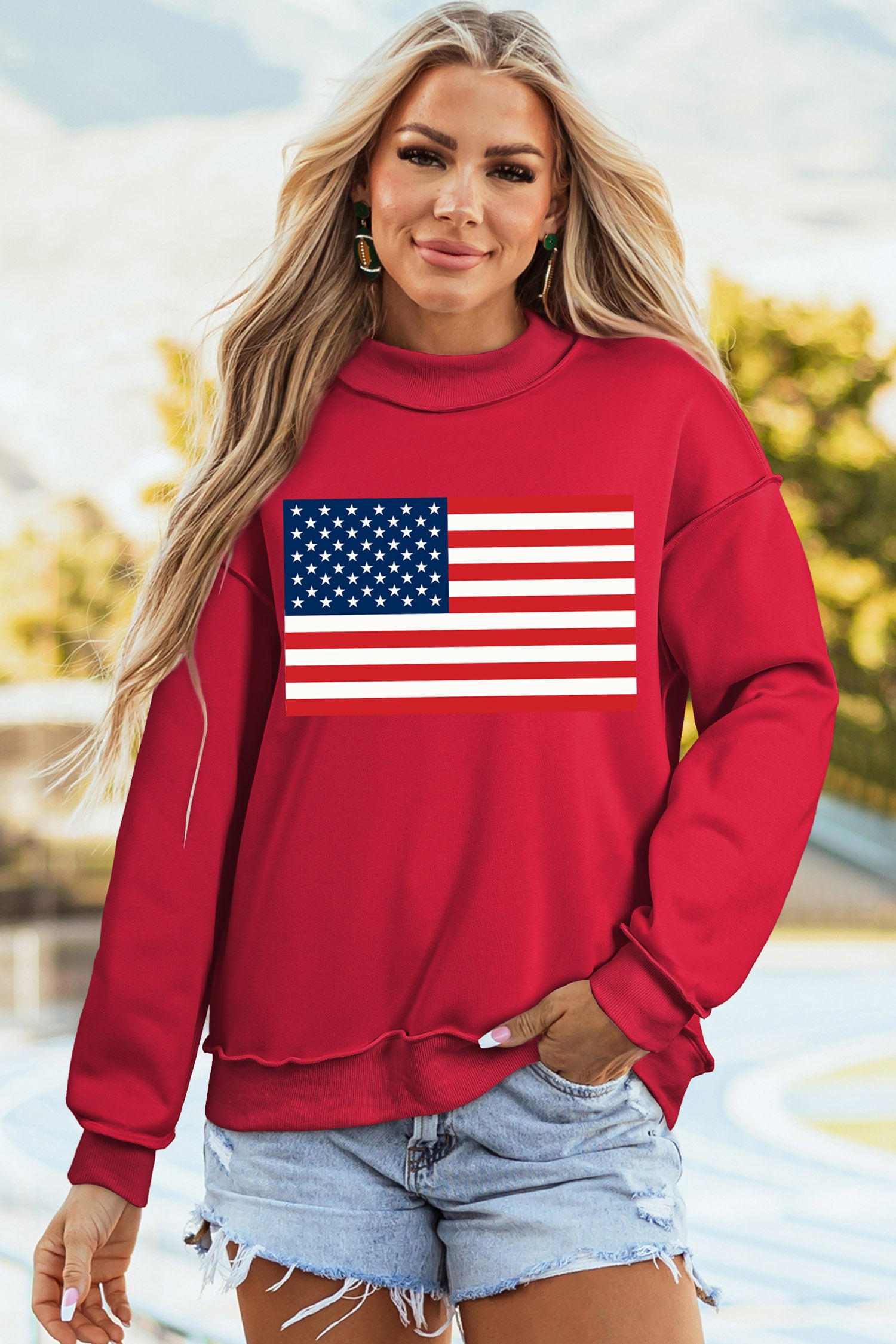 Racing Red American Flag/ USA Double Side Print Reversible Mock Neck Sweatshirt-Graphic/Graphic Sweatshirts-[Adult]-[Female]-2022 Online Blue Zone Planet