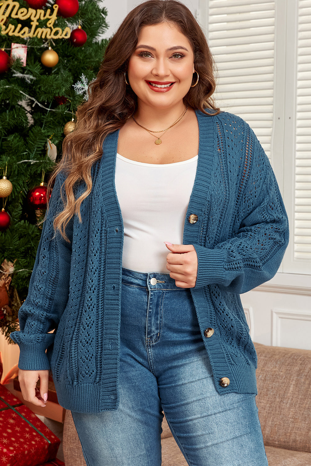 Real Teal Open Knit V Neck Button Front Drop Shoulder Plus Size Cardigan-Plus Size/Plus Size Sweaters & Cardigans-[Adult]-[Female]-Real Teal-1X-2022 Online Blue Zone Planet