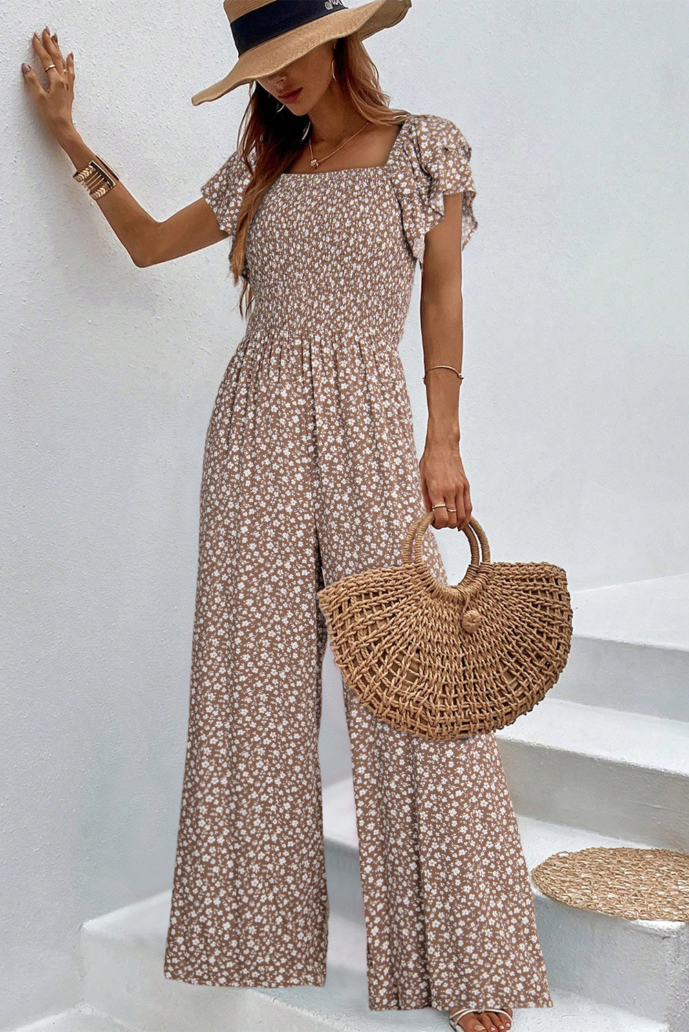 Brown Square Neck Ruffled Short Sleeve Wide Leg Floral Jumpsuit-Bottoms/Jumpsuits & Rompers-[Adult]-[Female]-Brown-S-2022 Online Blue Zone Planet
