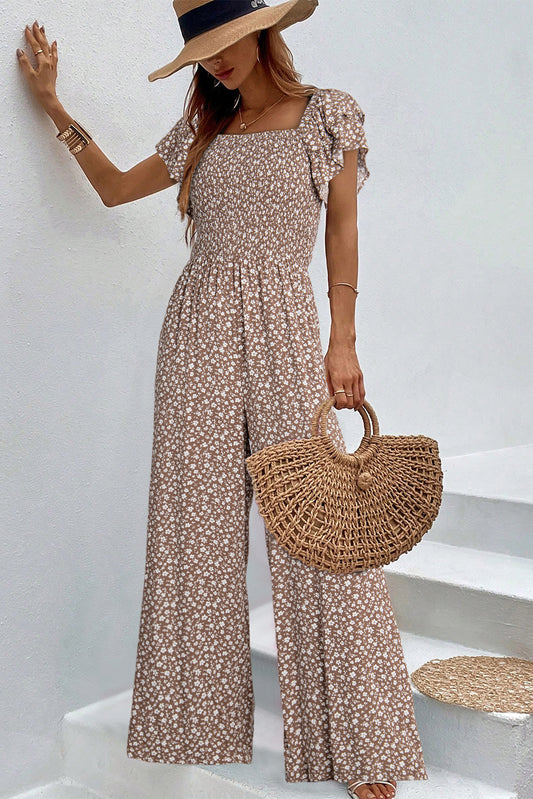 Brown Square Neck Ruffled Short Sleeve Wide Leg Floral Jumpsuit-Bottoms/Jumpsuits & Rompers-[Adult]-[Female]-Brown-S-2022 Online Blue Zone Planet