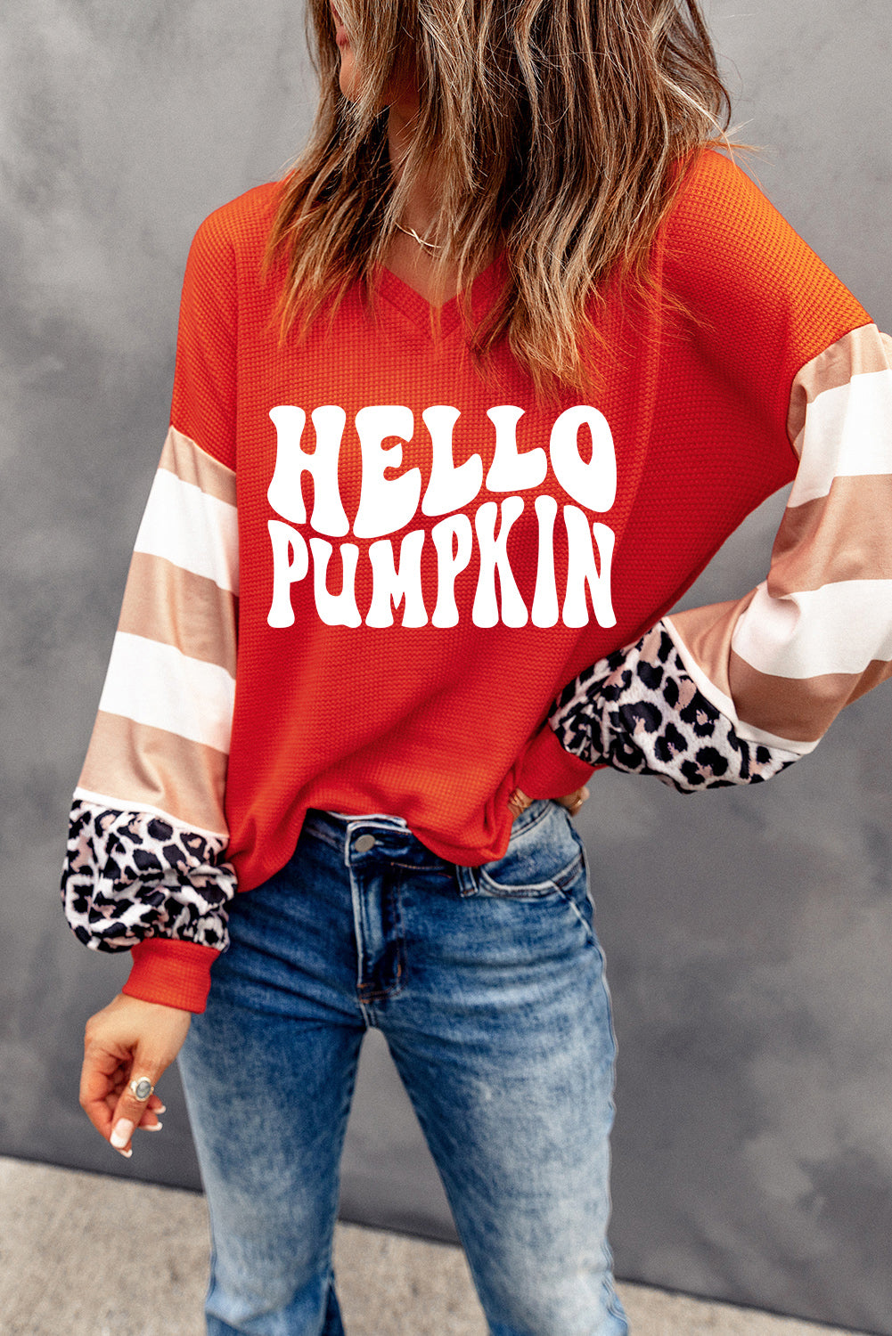 Red Hello Pumpkin Graphic Leopard Striped Colorblock Sleeve V Neck Top-Graphic/Graphic Long Sleeve Tees-[Adult]-[Female]-2022 Online Blue Zone Planet