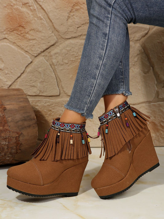 Fringe Suede Wedge Boots-BOOTS-[Adult]-[Female]-Brown-36(US5)-2022 Online Blue Zone Planet