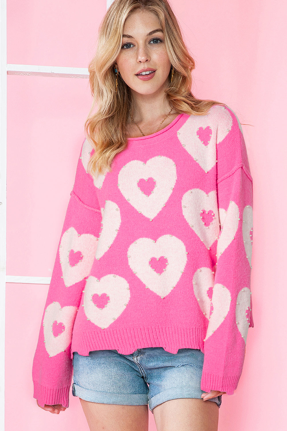 Bonbon Pearl Beaded Heart Drop Shoulder Sweater-Sweaters-[Adult]-[Female]-Bonbon-S-2022 Online Blue Zone Planet