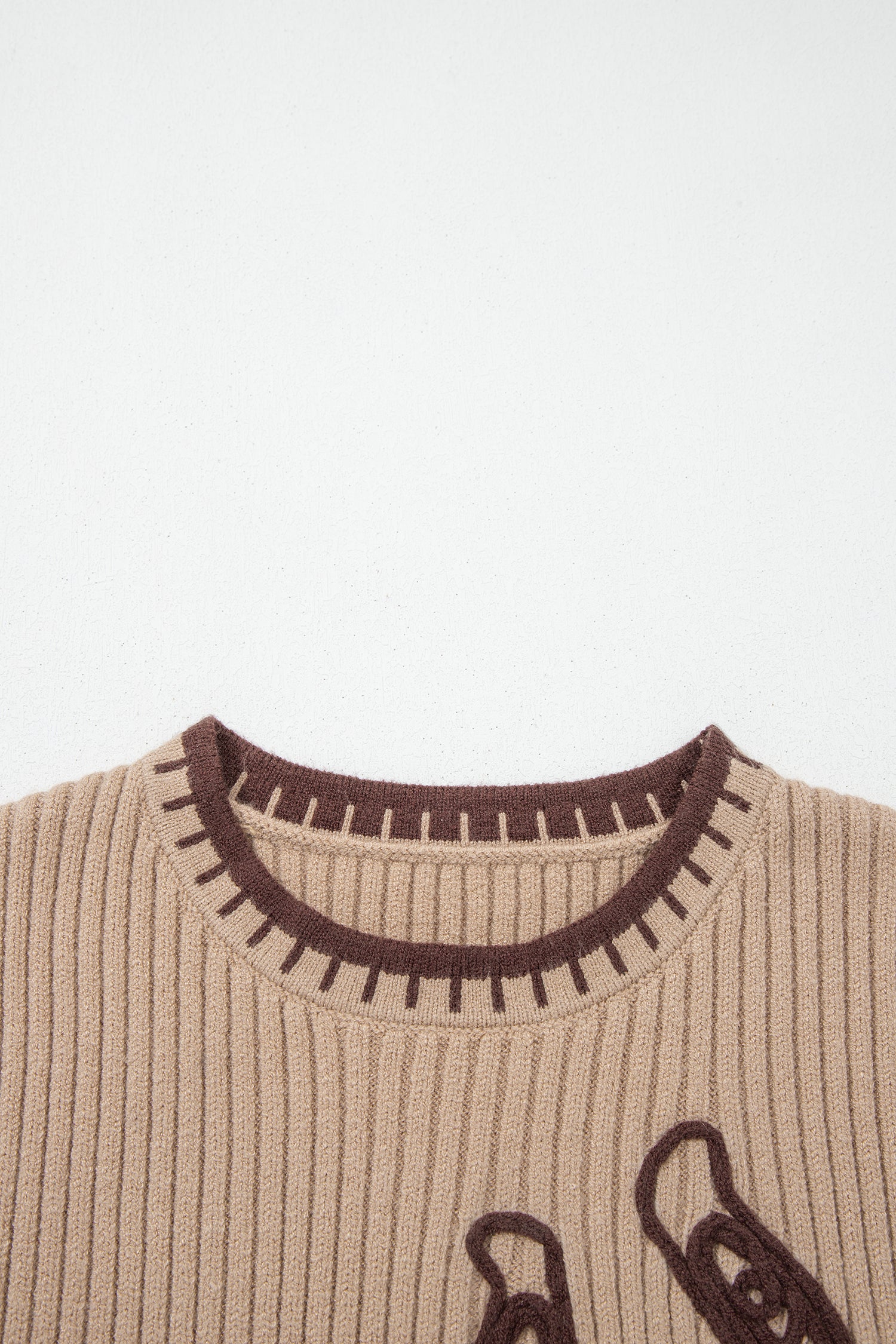 Light French Beige Ribbed Knit Contrast Trim Round Neck Horseshoe Sweater Vest-Sweaters & Cardigans/Sweater Vests-[Adult]-[Female]-2022 Online Blue Zone Planet