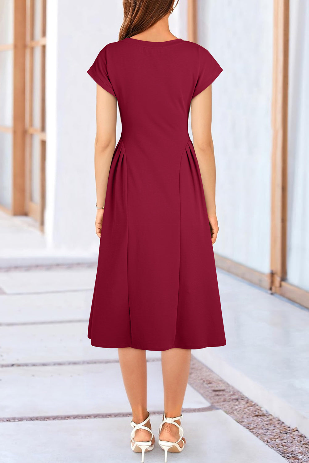 Red Dahlia Solid Color V Neck Pleated Flared Midi Dress-TOPS / DRESSES-[Adult]-[Female]-2022 Online Blue Zone Planet