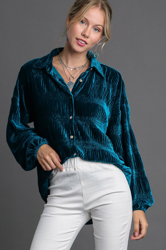 Umgee Ruched Tiered Button Up Shirt-TOPS / DRESSES-[Adult]-[Female]-Teal-S-2022 Online Blue Zone Planet