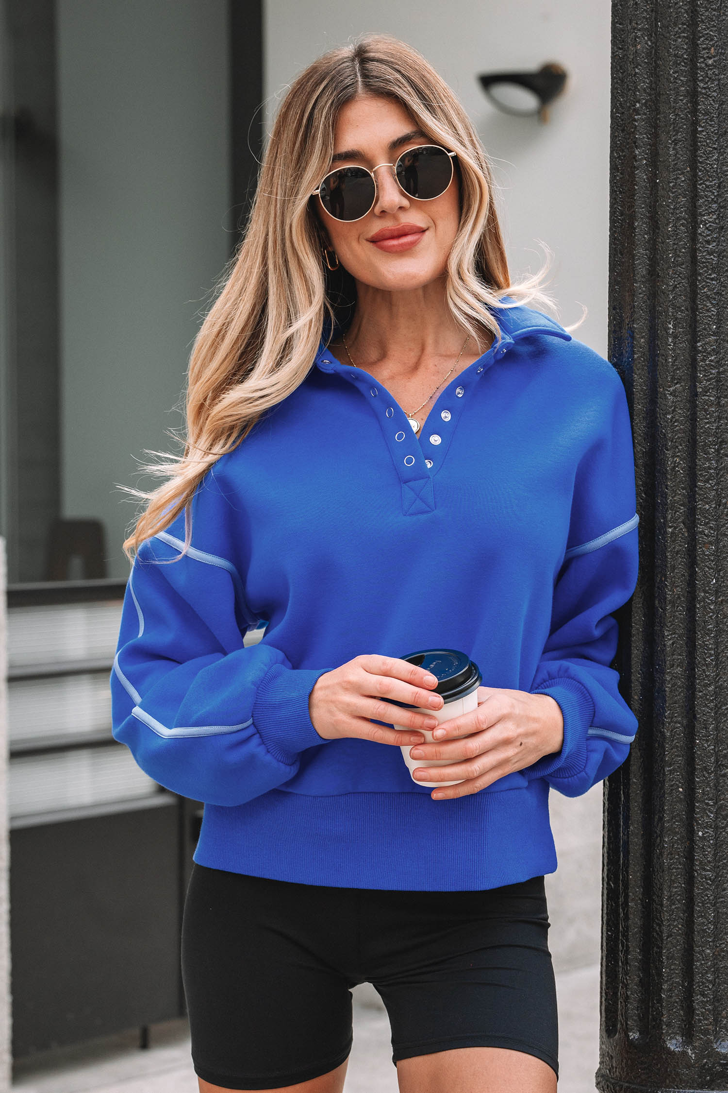 Sky Blue Button up Collared Exposed Seam Chic Sweatshirt-Tops/Sweatshirts & Hoodies-[Adult]-[Female]-2022 Online Blue Zone Planet