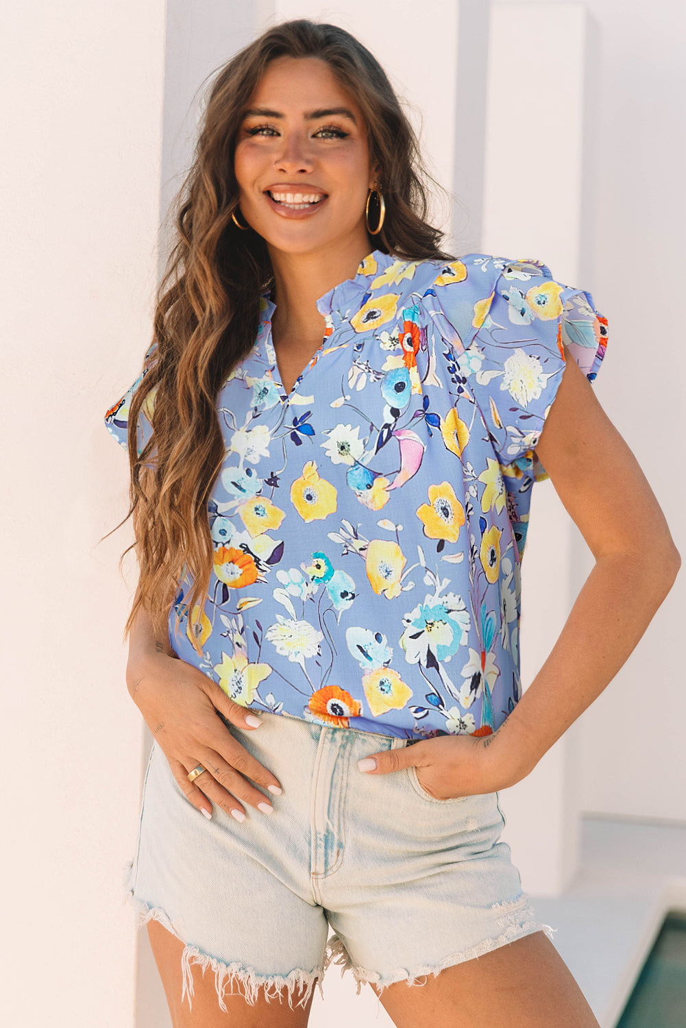 Sky Blue Flutter Sleeve V Neck Floral Top-Tops/Blouses & Shirts-[Adult]-[Female]-Sky Blue-S-2022 Online Blue Zone Planet