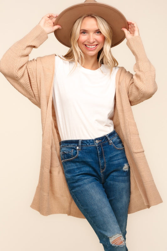 Haptics Stripe Textured Open Front Cardigan with Pockets-TOPS / DRESSES-[Adult]-[Female]-Taupe-S-2022 Online Blue Zone Planet