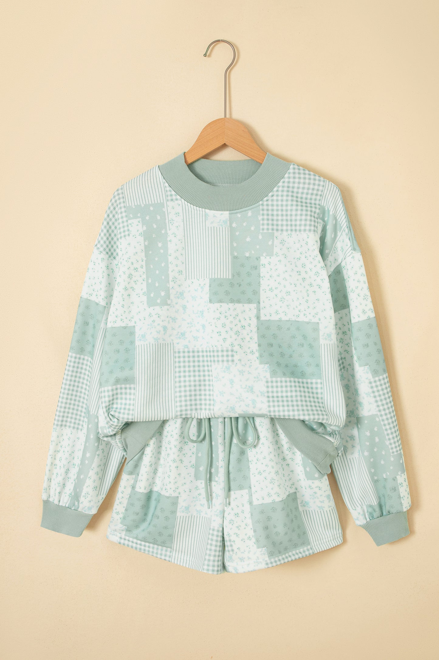 Green Patchwork Floral Print Drop Shoulder Baggy Pullover Drawstring Shorts Set-Two Piece Sets/Short Sets-[Adult]-[Female]-2022 Online Blue Zone Planet