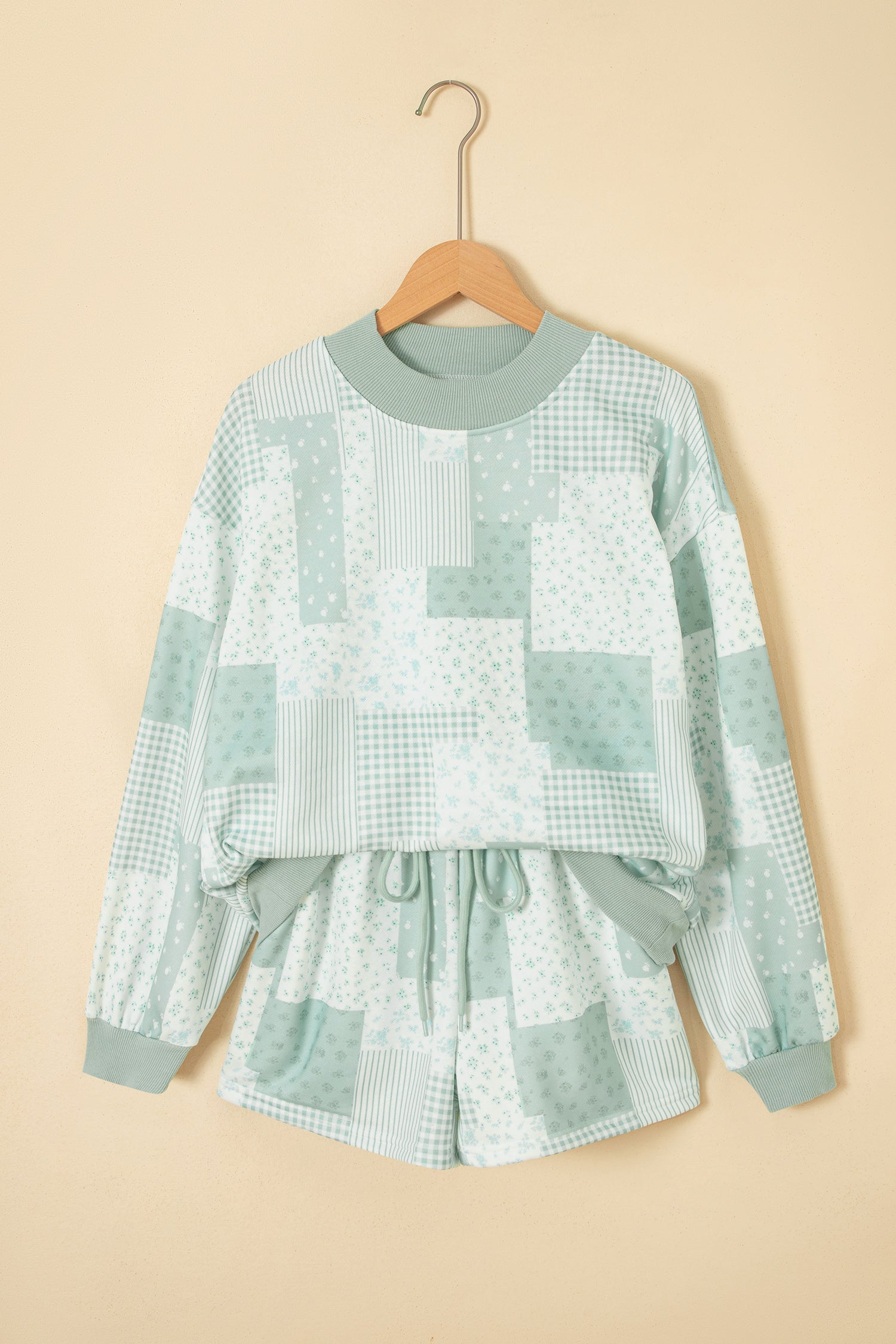 Green Patchwork Floral Print Drop Shoulder Baggy Pullover Drawstring Shorts Set-Two Piece Sets/Short Sets-[Adult]-[Female]-2022 Online Blue Zone Planet