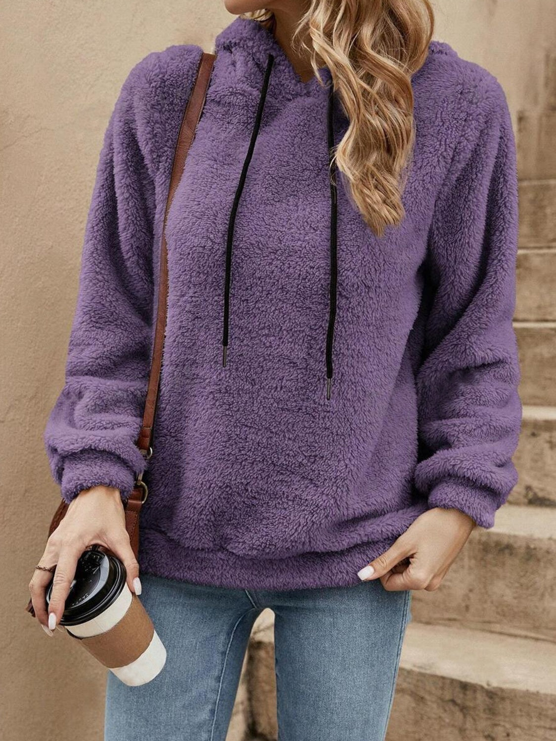 Blue Zone Planet | Drawstring Long Sleeve Fuzzy Hoodie-TOPS / DRESSES-[Adult]-[Female]-Violet-S-2022 Online Blue Zone Planet