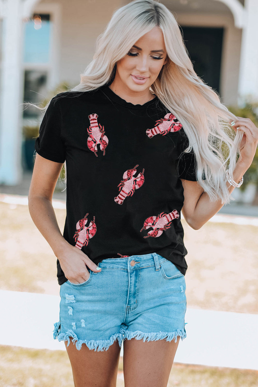 Black Sequined Crayfish Round Neck Graphic Tee-Graphic/Graphic Tees-[Adult]-[Female]-2022 Online Blue Zone Planet
