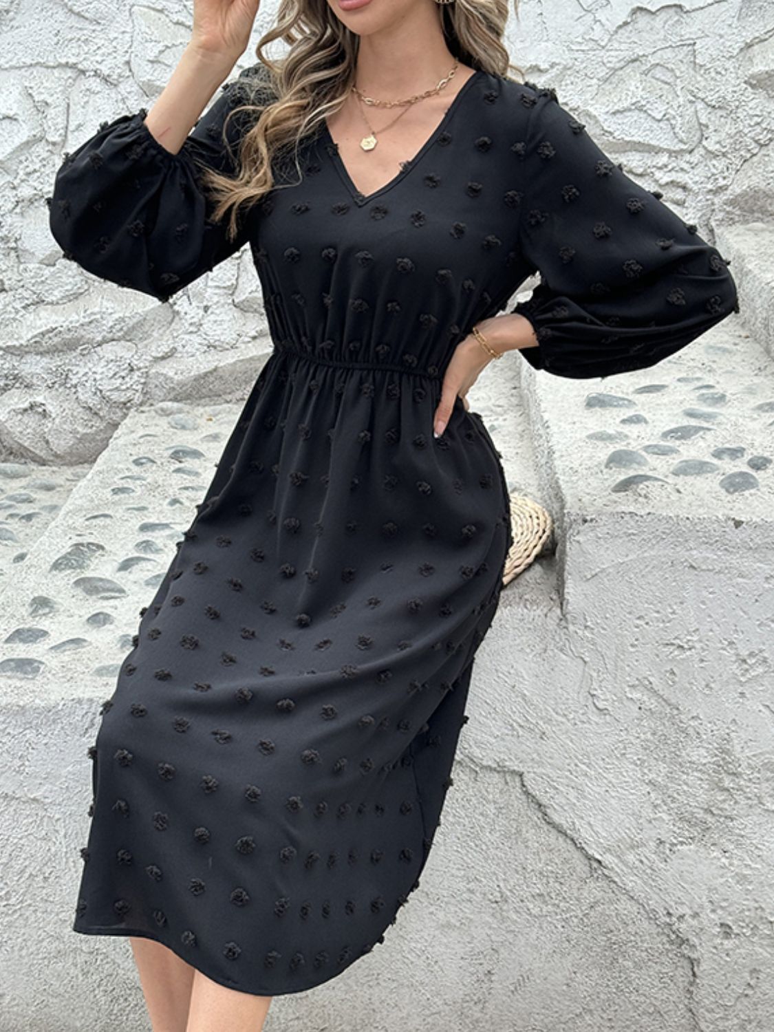 Full Size Swiss Dot V-Neck Long Sleeve Midi Dress-TOPS / DRESSES-[Adult]-[Female]-2022 Online Blue Zone Planet