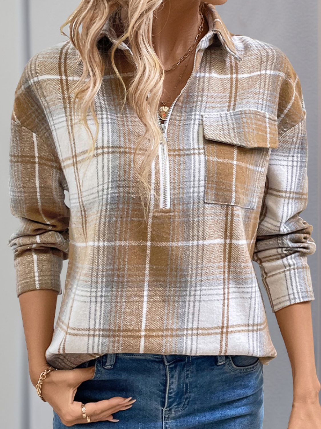 Perfee Plaid Collared Neck Half Zip Long Sleeve Top-TOPS / DRESSES-[Adult]-[Female]-2022 Online Blue Zone Planet