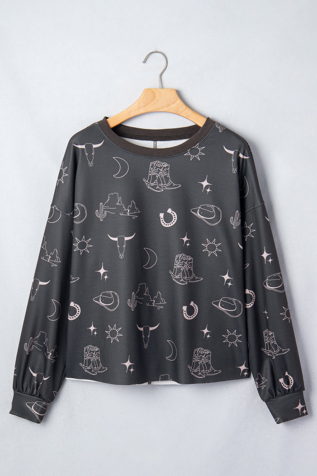 Gray Western Print Crew Neck Sweatshirt-Tops/Sweatshirts & Hoodies-[Adult]-[Female]-2022 Online Blue Zone Planet