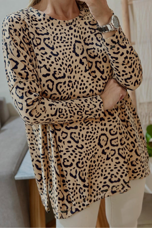 Khaki Leopard Print Long Batwing Sleeve Loose Top-Tops/Long Sleeve Tops-[Adult]-[Female]-Khaki-S-2022 Online Blue Zone Planet