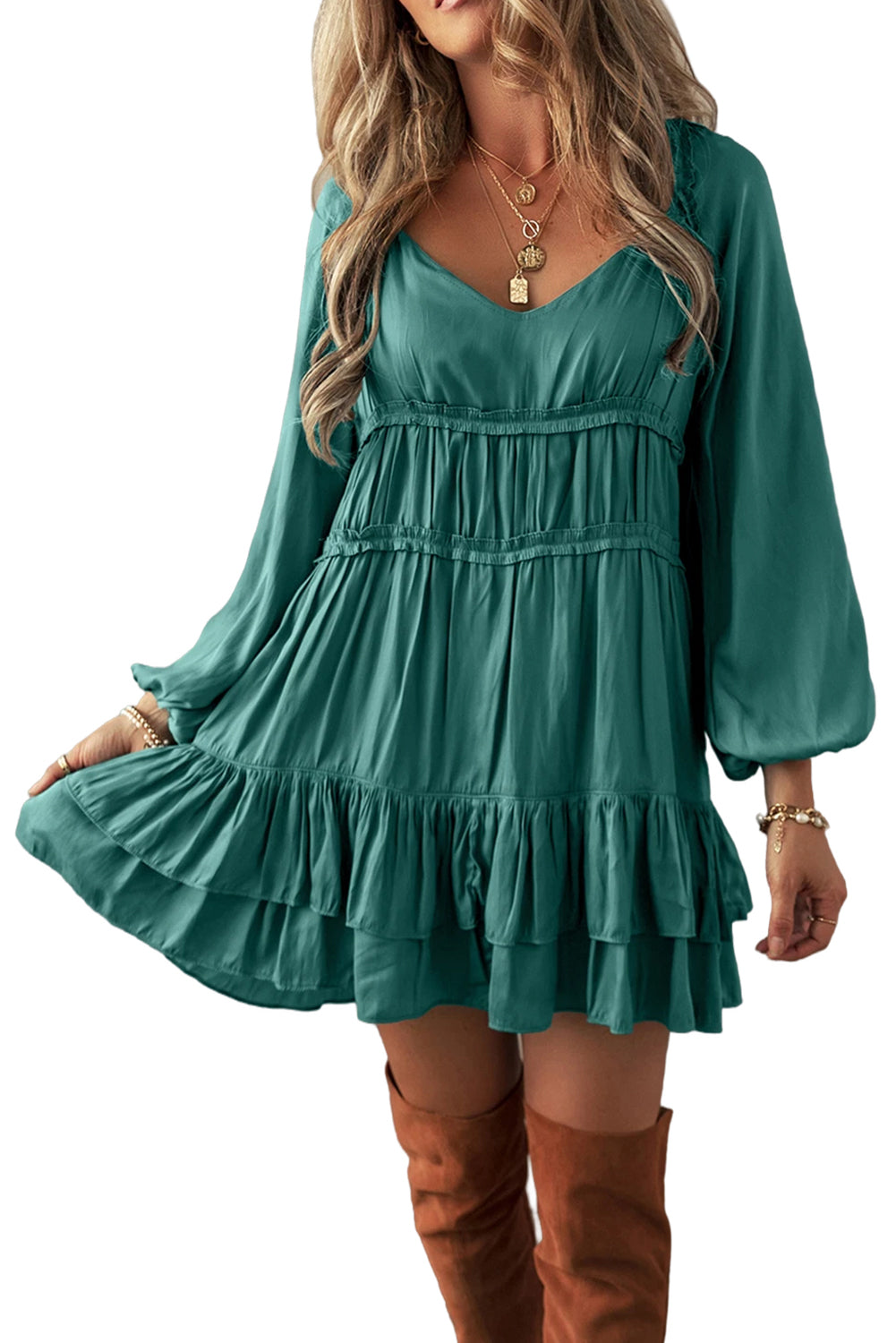 Mist Green Puff Sleeve Loose Fit Tiered Ruffle Mini Dress-Short Dresses-[Adult]-[Female]-2022 Online Blue Zone Planet