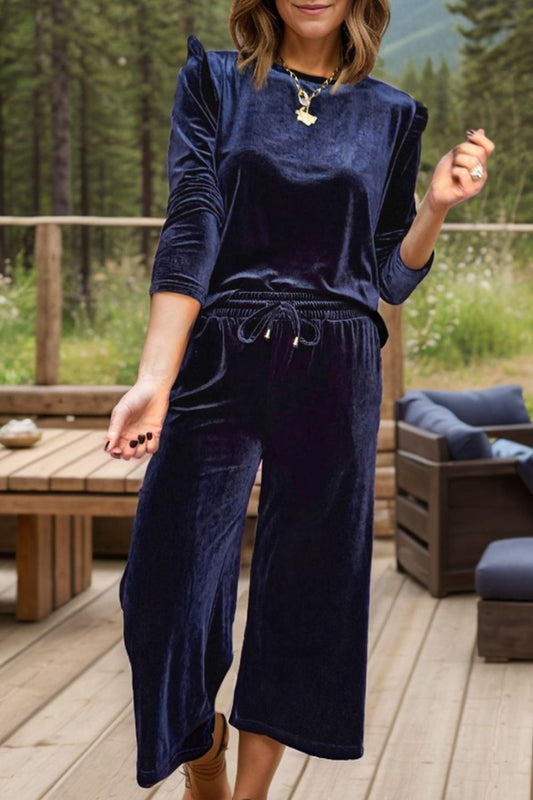 Velvet Round Neck Long Sleeve Top and Drawstring Pants Lounge Set-TOPS / DRESSES-[Adult]-[Female]-Navy-S-2022 Online Blue Zone Planet