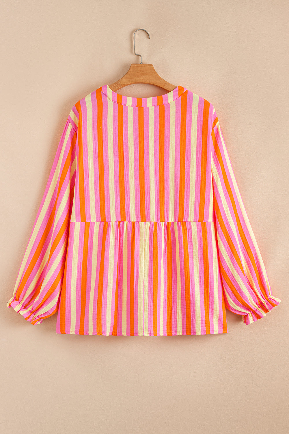 Pink Stripe Crinkled Half Buttons V Neck Plus Size Blouse-Plus Size/Plus Size Tops/Plus Size Blouses & Shirts-[Adult]-[Female]-2022 Online Blue Zone Planet