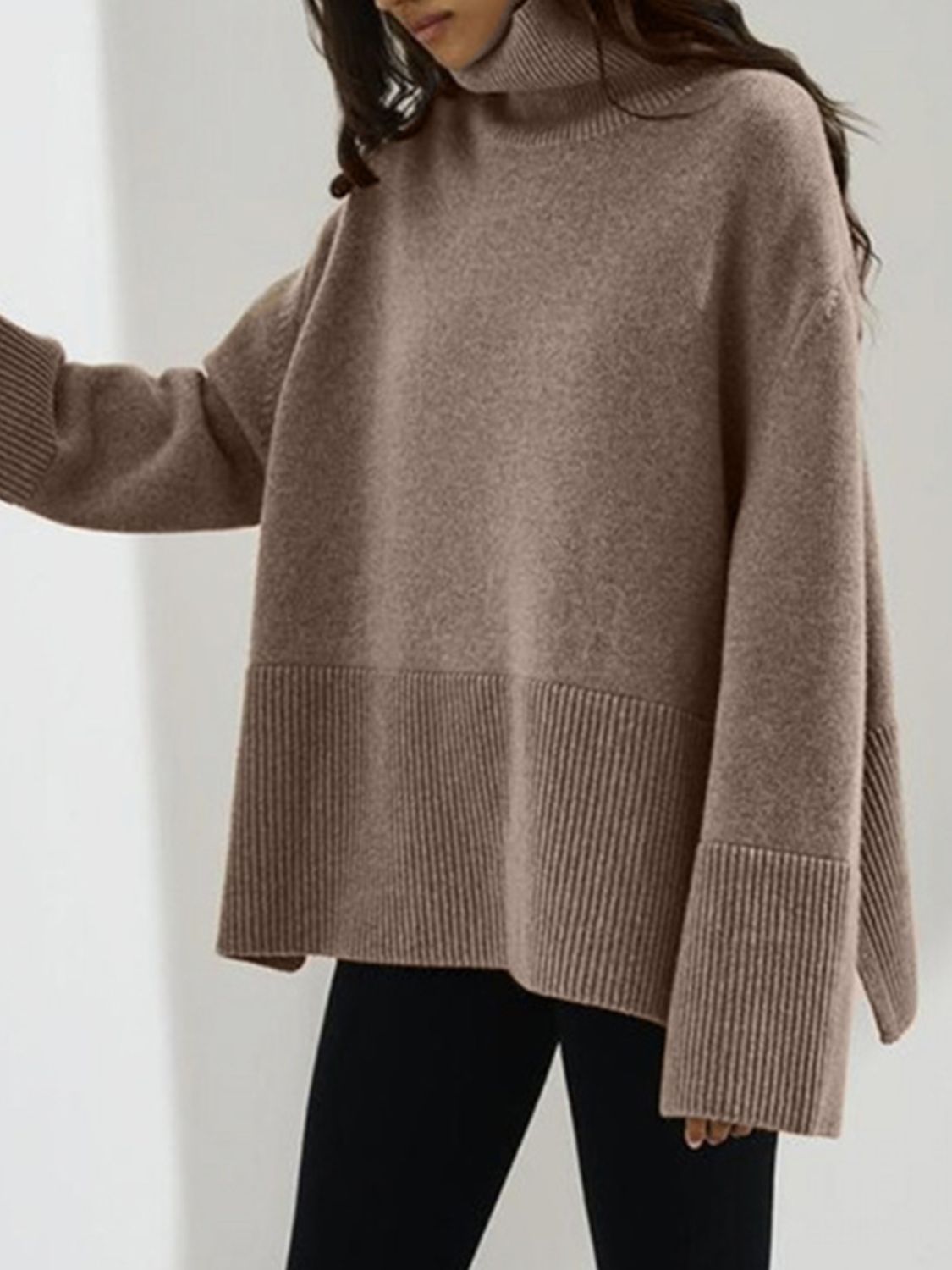 Side Slit Turtleneck Drop Shoulder Sweater-TOPS / DRESSES-[Adult]-[Female]-2022 Online Blue Zone Planet