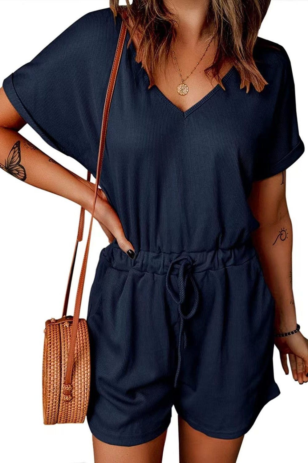 Full Size Drawstring V-Neck Short Sleeve Romper-TOPS / DRESSES-[Adult]-[Female]-2022 Online Blue Zone Planet