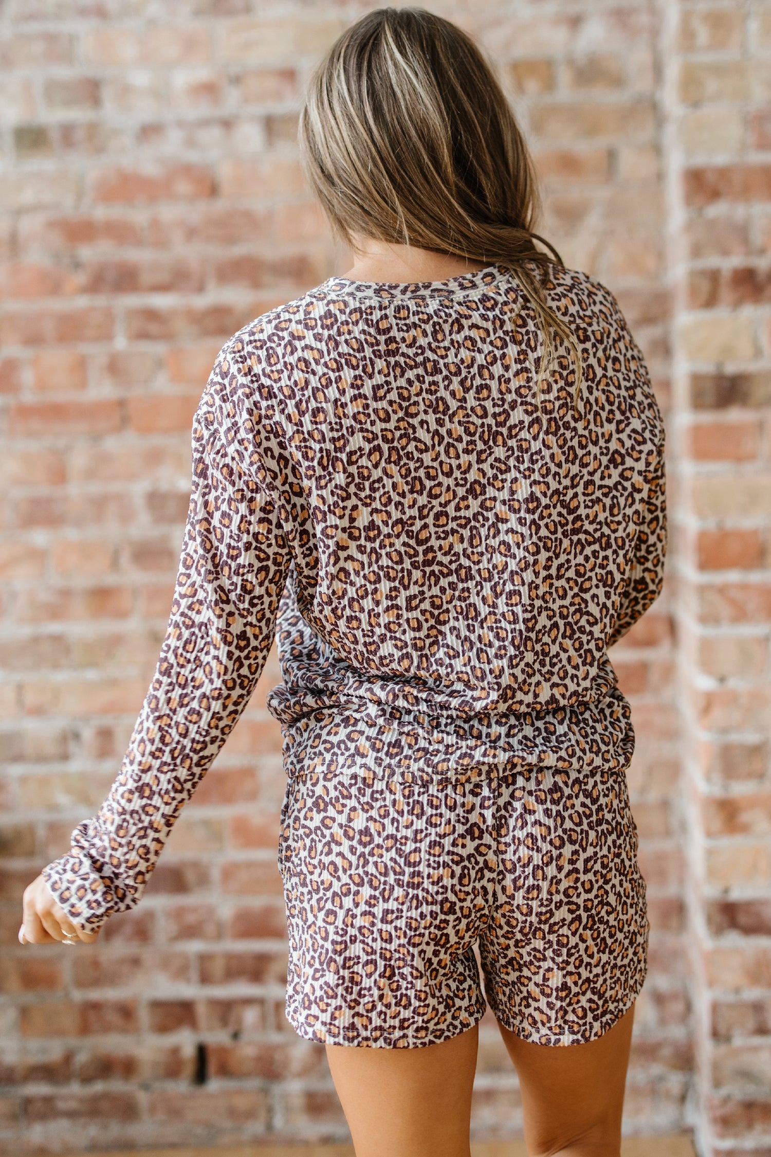 Khaki Leopard Ribbed Long Sleeve Top Drawstring Shorts 2pcs Outfit-Two Piece Sets/Short Sets-[Adult]-[Female]-2022 Online Blue Zone Planet