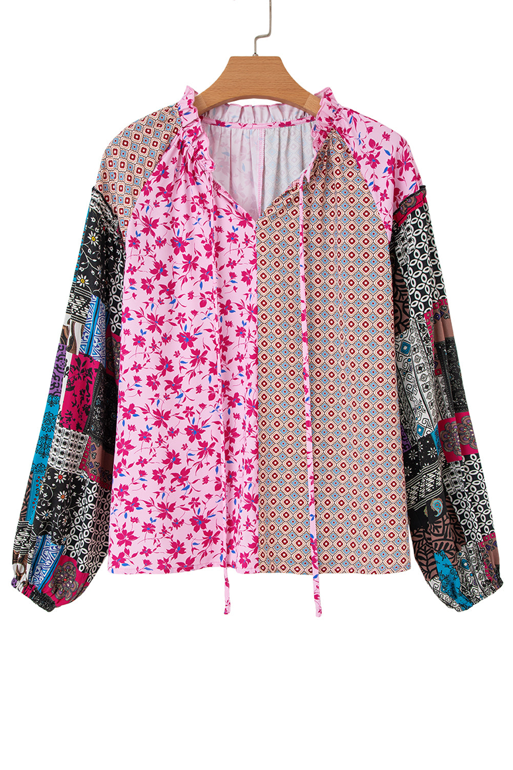 Pink Boho Mixed Floral Drop Shoulder Bubble Sleeve Blouse-Tops/Blouses & Shirts-[Adult]-[Female]-2022 Online Blue Zone Planet