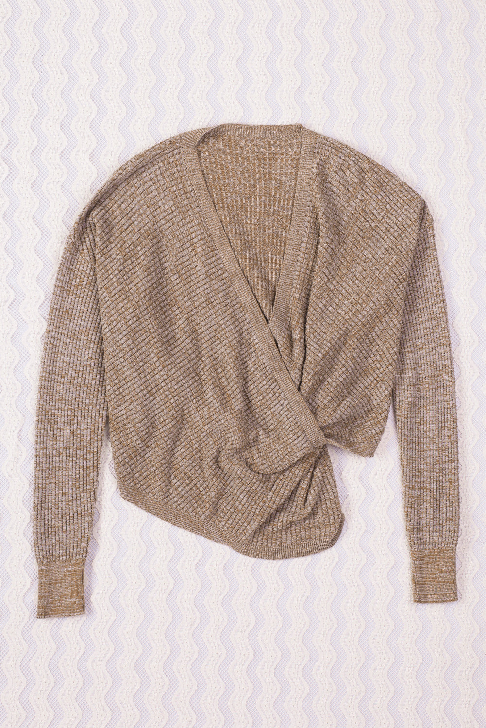 Blue Zone Planet | Khaki Wrap V Neck Waffle Sweater-Sweaters-[Adult]-[Female]-2022 Online Blue Zone Planet