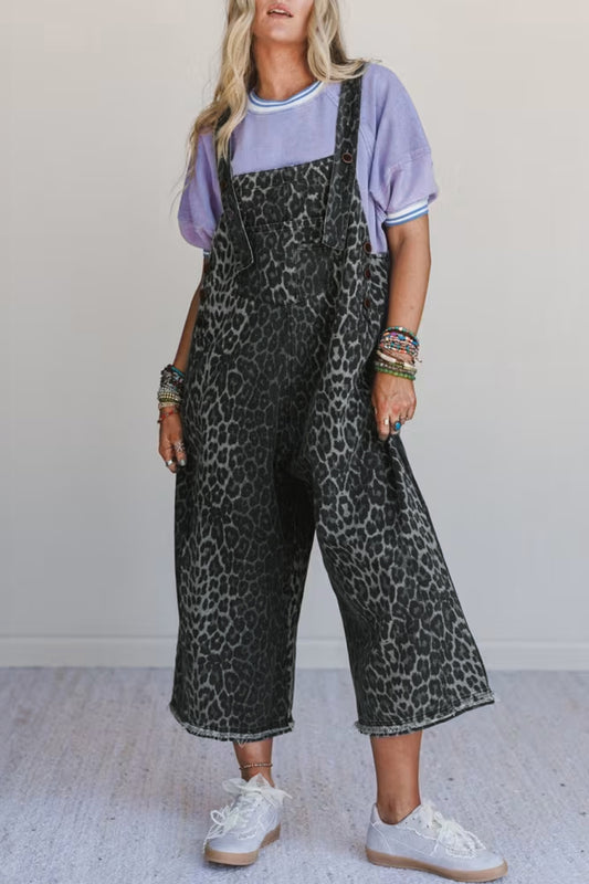 Gray Leopard Print Button Adjustable Straps Cropped Loose Denim Overalls-Bottoms/Jumpsuits & Rompers-[Adult]-[Female]-Gray-S-2022 Online Blue Zone Planet